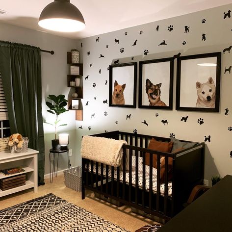 Brown Themed Nursery, Dino Nursery Decor, Nursery Ideas Puppy Theme, Husky Nursery Theme, Nursery Ideas Dog Theme, Dog Inspired Nursery, Puppy Baby Nursery, Pet Themed Nursery, Dog Nursery Ideas