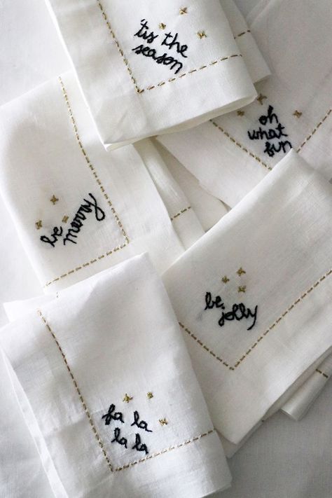 DIY File: Embroidered Holiday Napkins | The Vault Files | Bloglovin’ Embroider Napkins, Napkin Embroidery, Handkerchief Embroidery, Holiday Napkins, Embroidery Napkins, Embroidered Napkins, Embroidery Christmas, Table Scape, Christmas Napkins