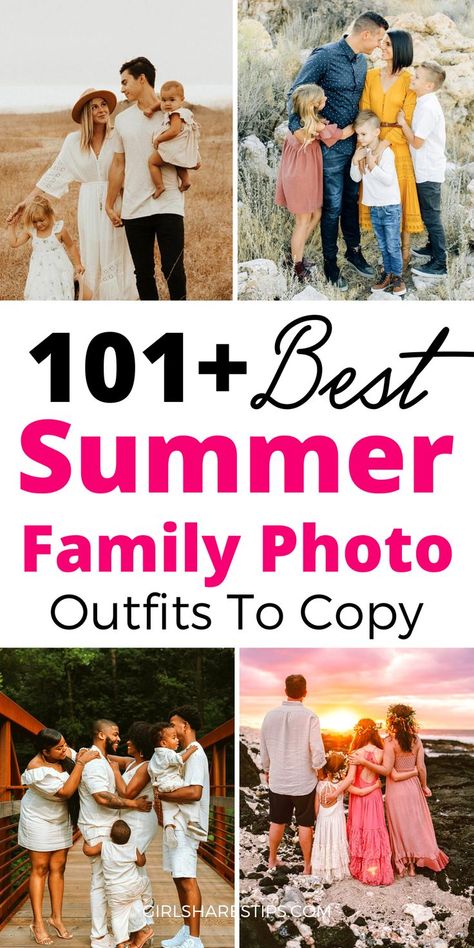 Best summer family photo outfit ideas, expert tips to have perfect family photos, and where to shop stylish family photo outfits | summer family picture outfits | family photo outfits summer | family photo outfits | spring family pictures outfits | spring family pictures | summer family picture outfits outdoor | summer family picture outfits color schemes | summer family picture outfits casual | summer family picture outfits beach | summer family picture outfits blue | end of summer family photo Family Portrait Outfits Summer Casual, Summer Color Themes For Family Photos, Summer Family Photo Outfits 2024, Best Family Photo Outfits, Clothes For Family Pictures Summer, Outdoor Family Photoshoot Outfit Ideas, Outdoor Picture Outfit Ideas, Beach Pictures Outfits Women, Pink Family Photo Outfits Summer