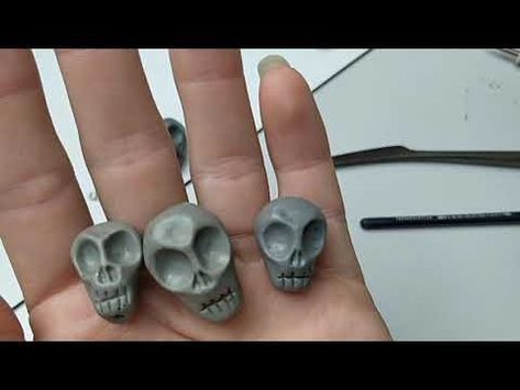 DIY - Easy Polymer clay Skulls! - YouTube Make A Skull Diy, Polymer Clay Graveyard, Polymer Clay Tombstones, Polymer Clay Gravestone, Skull Clay Sculpture Easy, Clay Skull Diy, Halloween Polymer Clay Figures, Polymer Clay Halloween Tutorial, Polymer Clay Halloween Miniatures Diy