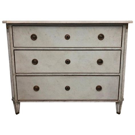 Painted Wood Chest, Grey Chest Of Drawers, Swedish Gustavian Style, Gustavian Style, Brass Inlay, Painted Chest, Commode Chest, Wood Chest, Brass Decor