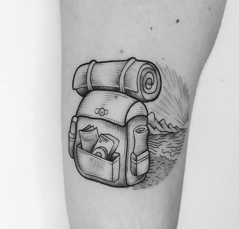 Backpack Tattoo Travel, Backpacking Tattoo, Tattoo Camping, Backpack Tattoo, Small Nature Tattoo, Travel Tattoo Ideas, Compass Drawing, Adventure Tattoo, Tattoo Gold