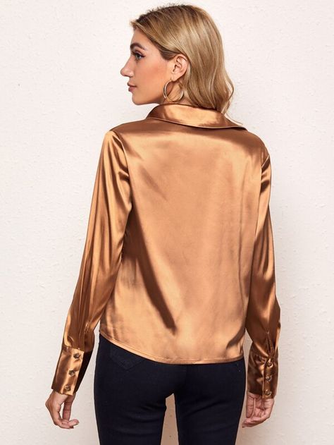 Satin Bluse mit Knöpfen vorn | aktuelle Trends, günstig kaufen | SHEIN Deutschland Blusas Satin, Satin Bluse, Yellow Satin, Satin Blouses, Satin Blouse, Silk Blouse, Red Leather Jacket, Leather Jacket, Long Sleeve Blouse