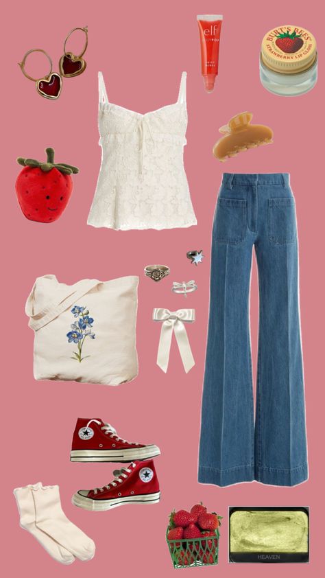 strawberry girl #strawberrygirl #strawberry Strawberry Girl Outfit, Strawberry Girl Aesthetic Outfit, Strawberrycore Aesthetic Outfits, Strawberry Shirt Aesthetic, Strawberry Milk Aesthetic Outfits, Strawberry Aesthetic Outfit, Aesthetic Strawberry Outfit, Strawberry Girl Aesthetic, Strawberry Outfit Aesthetic