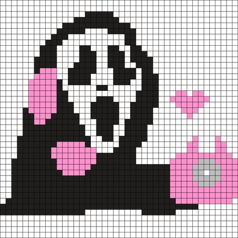 Ghostface Crochet Graph, Ghost Face Perler Bead Pattern, Ghostface Alpha Pattern, Ghost Face Perler Beads, Weird Pixel Art, Ghost Face Pixel Art, Ghostface Perler Beads, Perler Bead Ghost, Ghostface Pixel Art