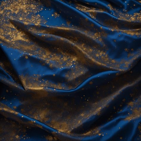 The cobalt blue satin altar cloth, speckled with gold stars, evokes a celestial dreamscape. Captured during twilight with a Sony A7R IV and a 35mm f/1.4 lens, a balance between ambient and artificial lighting creates a soft glow on the fabric, highlighting the golden constellations. A mid-range aperture of f/4 offers enough depth to see each star's detail while casting a dreamy aura over the cloth. Blue And Bronze Aesthetic, Golden Constellations, Gold And Royal Blue, Witch Aesthetics, Artificial Lighting, Altar Cloth, Blue Satin, Ravenclaw, Blue Aesthetic