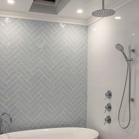 Playing with patterns can infinitely increase the impact of your feature walls. Check out how @anthonymaloneconstructions laid our Crayon… Bathroom Design Scandinavian, Herringbone Feature Wall, Herringbone Tile Bathroom, Double Herringbone, Bathroom Feature Wall, Patterned Bathroom Tiles, Herringbone Wallpaper, Herringbone Tile, Upstairs Bathrooms