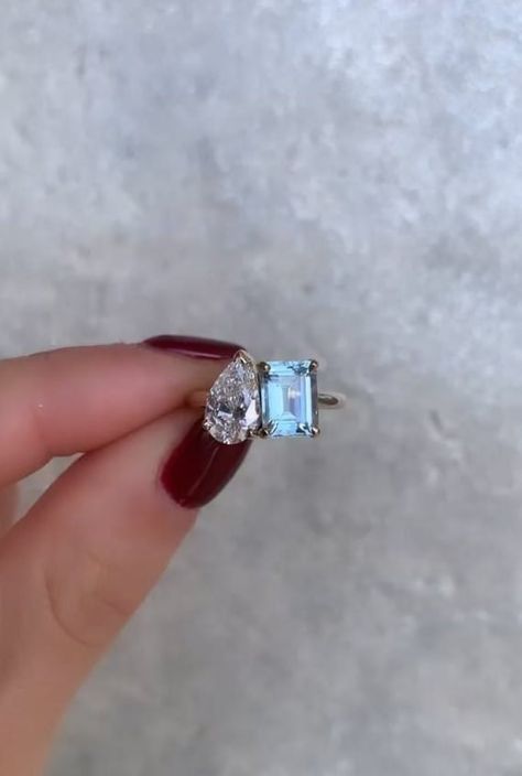 Aquamarine Baguette Ring, Coloured Gemstone Engagement Ring, Toi Et Moi Ring Aquamarine, Diamond And Gemstone Engagement Rings, Silver Gemstone Engagement Rings, Engagement Rings With Birthstones, Engagement Rings Two Stone, 2 Stone Ring, Coloured Engagement Rings