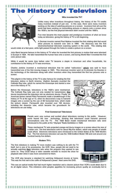 The History of TV - English ESL Worksheets for distance learning and physical classrooms Teaching Advertising, Theme Worksheet, Esl Grammar, Esl Reading, History Of Television, English Stories For Kids, English Education, Comprehension Exercises, Reading Comprehension Lessons