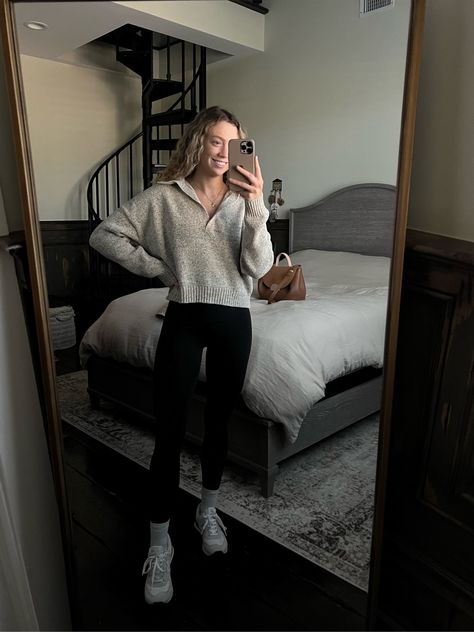 Polo And Leggings Outfits, Polo Leggings Outfit, Notch Neck Sweater, Cozy Fitted Polo Sweater For Winter, Cozy Knit Polo Sweater With Crew Neck, Cozy Polo Sweater With Crew Neck For Winter, Cozy Long Sleeve Polo Sweater With Relaxed Fit, Cozy Long Sleeve Beige Polo Sweater, Classy Sweater