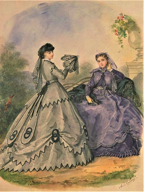 Fashion Plate - La Mode Illustree - 1865 1860s Dresses, 1860s Fashion, 1870s Fashion, Victorian Era Fashion, 1860 Fashion, Ancient Dress, 1800s Fashion, 18th Century Fashion, 19th Century Fashion