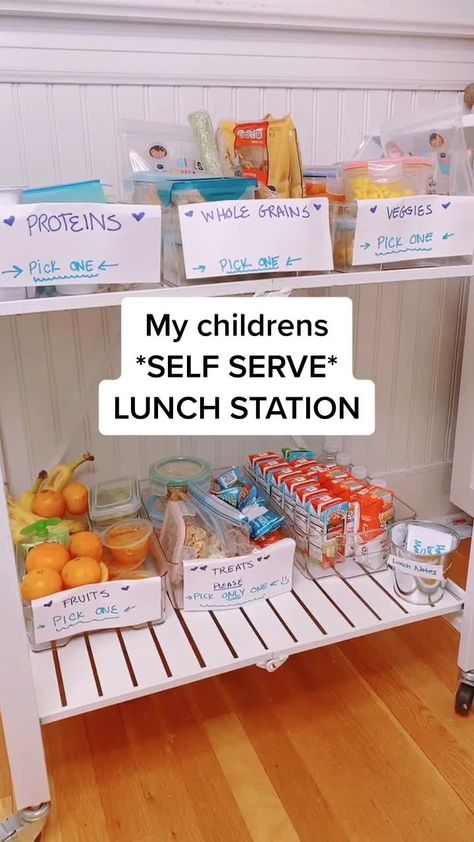 Summer Snacks For Kids Self Serve, Summer Snack Boxes For Kids, Summer Snack Organization For Kids, Montessori Lunch Ideas, Kids Summer Snack Station, Lunch Station For Kids, Montessori Food Station, Snack Organization Ideas Cabinet, Kids Self Serve Breakfast Station