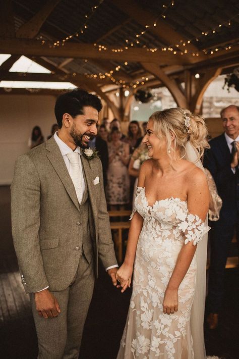 Groom in a green threepiece tweed suit and bride in a lasercut lace off the shoulder Enzoani wedding dress Best Groom Suits, Rustic Wedding Dresses Country, Enzoani Wedding Dress, Barn Wedding Ceremony, Rustic Wedding Suit, Groom Suit Tweed, Rustic Wedding Groom, Barn Wedding Dress, Rustic Groom