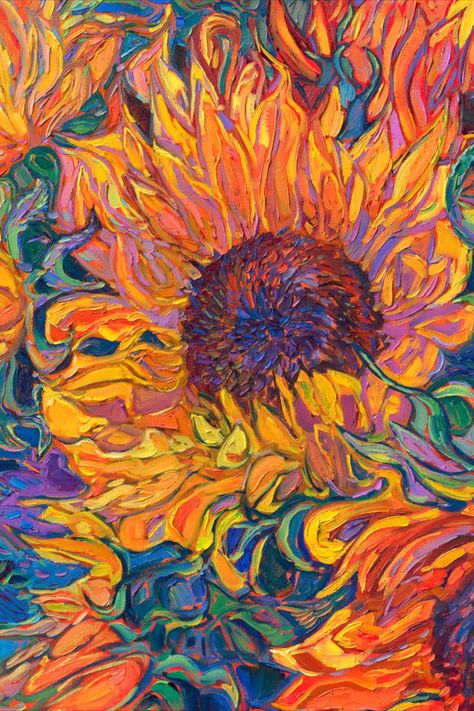 Sunflowers in vivid, impressionistic color, by Erin Hanson. Erin Hanson Art, Fauvism Art Ideas, Erin Hanson Painting, Vivid Paintings, Funky Art Prints, Fauvism Painting, Vivid Art, Sunflower Paintings, Vivid Artwork