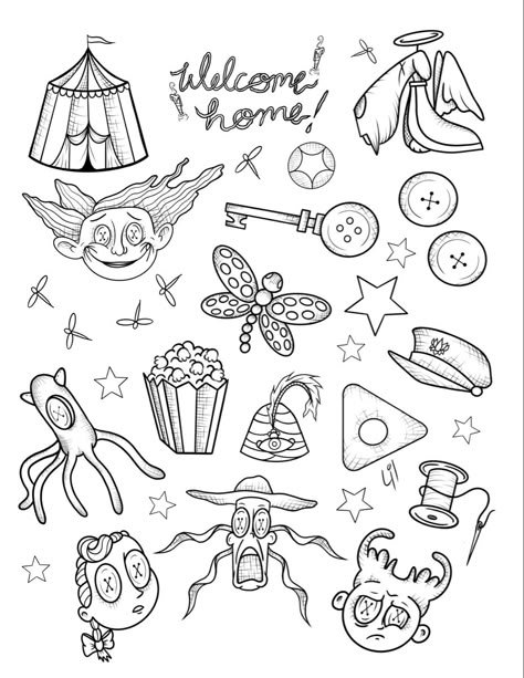 Cute Tim Burton Tattoos, Coraline Stencil Tattoo, Squid From Coraline Tattoo, Coraline Back Tattoo, Cool Coraline Tattoos, Movie Tattoo Flash Sheet, Coraline Small Tattoo, Ghost Tattoo Flash Sheet, Stranger Things Inspired Tattoos