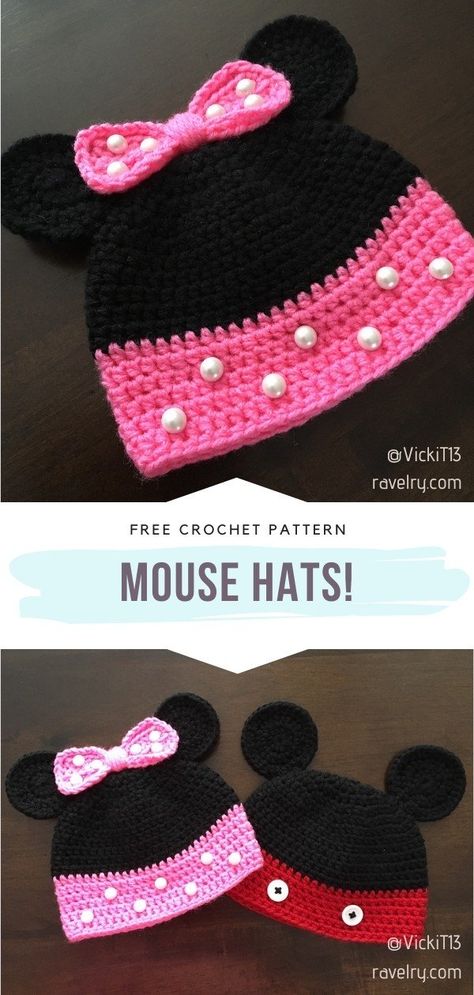 Crochet Minnie Mouse Hat, Mickey Mouse Accessories, Crochet Toddler Hat, Crochet Mickey Mouse, Kids Hats Patterns, Crochet Baby Cap, Baby Hat Free Pattern, Crochet Baby Hat, Crochet Baby Hat Patterns