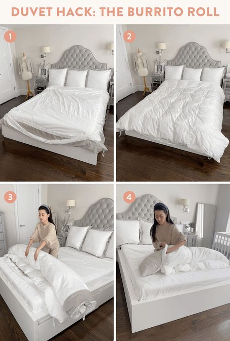 how to easily put on a duvet trick bedding style // bedding laundry hack by Extra Petite fashion & lifestyle blog Vintage Bed Styling, How To Insert A Duvet Cover, How To Fold Duvet, Duvet Hack, Burrito Roll, Duvet Cover Tutorial, Ikea Duvet, Duvet Cover Diy, Bedding Style