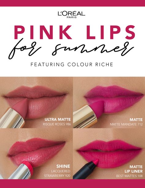 The best pink lip shades for summer with L’Oréal Paris Colour Riche Lipsticks. Pink Shade Lipstick Colour, Pink Shade Lipstick, Summer Lipstick Colors, Pink Lipstick Shades, Loreal Lipstick, Loreal Paris Makeup, Summer Lipstick, Best Lipstick Color, Lip Shades