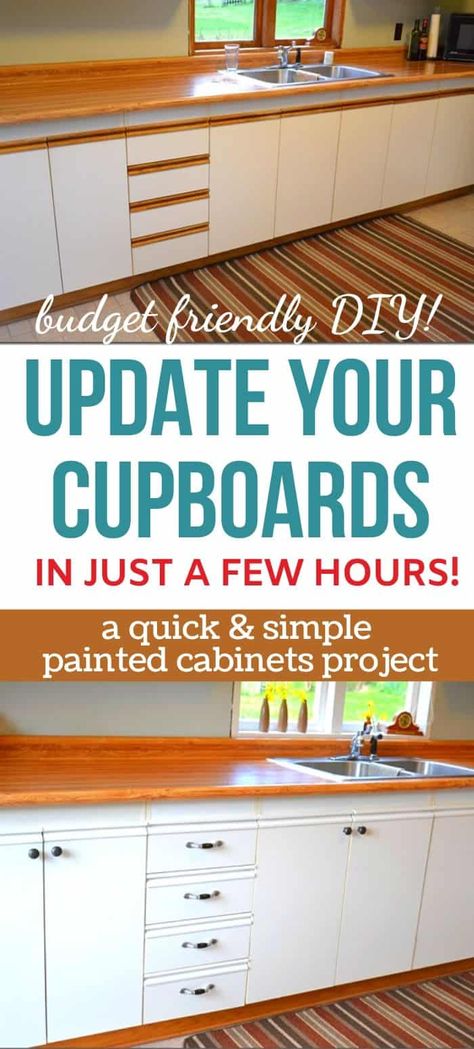 You don't have to rip out your cupboards to give your kitchen a makeover! Learn how to give dated European cupboard doors a face lift with this simple painted cabinet DIY project. This painted kitchen cabinets before and after is super budget friendly and will help you love where you live a little more! Kitchen Laminate Cabinets Makeover, Laminate Cabinet Makeover Before After, Kitchen Cupboard Renovation, Melamine Kitchen Cabinets Makeover, Diy Cupboard Doors Makeover, Melamine Cabinet Makeover, Diy Cupboard Makeover, Painting Cupboards Kitchen, Cupboard Makeover Diy