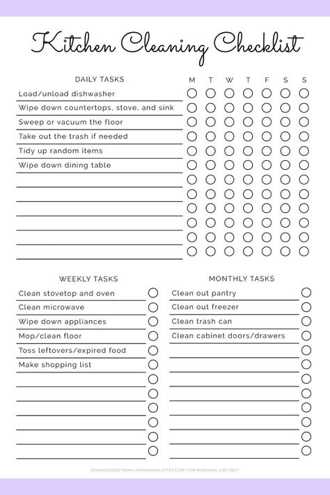 Stay organized with this free printable kitchen cleaning checklist. The template includes a section for daily, weekly, and monthly cleaning tasks. There's a Monday start version as well. Clean Shower Drain, Cleaning Checklist Daily, Bedroom Cleaning Checklist, Free Printable Cleaning Schedule, Bedroom Checklist, Bathroom Cleaning Checklist, Kitchen Cleaning Checklist, Bedroom Cleaning, Free Printable Cleaning