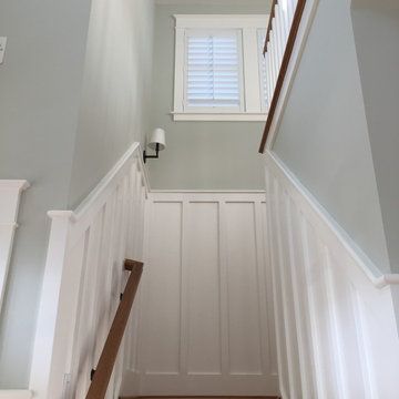 Board And Batten Stairwell, Coastal Hallway, Wainscoting Staircase, Stairwell Ideas, Stairwell Wall, Staircase Wall Decor, Stair Wall, Board And Batten Wall, Staircase Wall