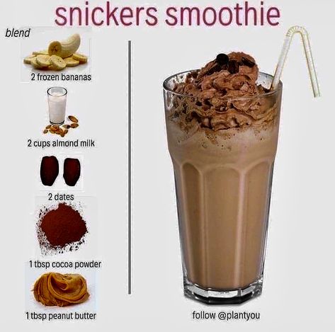 Snickers Smoothie, Baileys Drinks, Vegan Shakes, Resep Smoothie, Easy Healthy Smoothies, Smoothie Recipes Healthy Breakfast, Resep Diet, Healthy Drinks Smoothies, Healthy Shakes