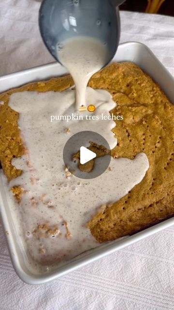 Viviane🦥🇱🇧🇭🇳 on Instagram: "Pumpkin tres leches cake🎃🍰  Ingredients: Cake: - 4 eggs, yolk and whites separated - 1/2 cup granulated sugar  - 7.5 oz canned pumpkin - 1 tsp vanilla  - 1 cup all-purpose flour, spooned and leveled - 1 tbsp + 1 tsp baking powder - 1 1/4 tsps baking soda - 2 tsps of pumpkin spice seasoning Milk mixture - 3/4 cup evaporated milk - 1 (14oz) can condensed milk - 1 cup (or 1 1/4 cup) milk - 1-2 tsps pumpkin pie spice Topping: - 1 cup heavy cream - 2-3 tbsps of powdered sugar - Pumpkin pie spice, for garnish Directions: - Preheat oven to 350 F and grease/butter an 8x8 metal pan then set aside.  - In a small bowl, mix together the flour, baking powder, baking soda, and pumpkin pie spice until combined. Set aside. - In a large bowl, combine the egg yolks, pumpki Tres Leches Pumkin, Pumpkin 3 Leches Cake, Pumpkin Spice Tres Leches Cake, Pumpkin Tres Leches, Pumpkin Tres Leches Cake, Pumpkin Spice Seasoning, Tres Leches Cake Recipe, Leches Cake, Pumpkin Desserts