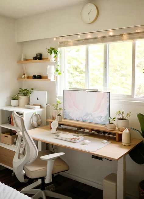 Desk Setup Middle Of Room, Cute Aesthetic Office, Cozy Desk Lighting, Japandi Pc Setup, 2 Desks In Bedroom, Home Office Design Minimalist, Green And White Desk Setup, Cozy Wfh Setup, Aesthetic Study Desk Minimalist