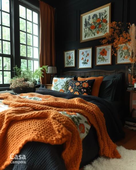 #BEAUTY ,#REALATIONSHIPS #Fashion #Outfits #Winter Outfits #Animals Orange Curtains Bedroom Room Ideas, Master Bedrooms Decor Bold Colors, Mustard And Black Color Palette, Dark Coloured Bedroom Ideas, Dark And Cosy Bedroom, Moody Colorful Bedroom, Moody Color Palette Bedroom, Fall Bed Ideas, Dark Master Bedrooms Decor Colors