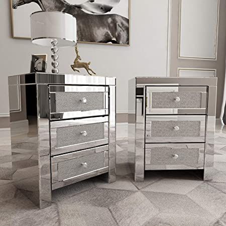 AmazonSmile: Mecor Mirrored end Table 3 Drawers Mirror Accent Side Table Silver Finished Nightstand Set of 2 for Bedroom, Living Room (Crystal Silver) : Home & Kitchen Silver Bedside Table, Mirror End Table, Mirror Bedside Table, Silver Side Table, Silver Bedroom, Mirrored End Table, Drawing Room Decor, Nightstand Set, Living Room Table Sets