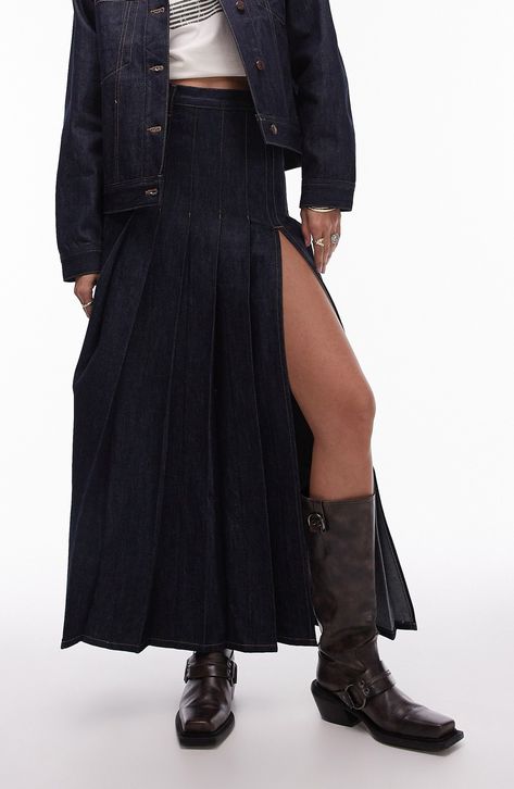 Topshop Pleated Denim Maxi Skirt available at #Nordstrom Adjustable Length Skirt, Jeans Under Skirt, Denim Pleated Skirt Outfit, Long Winter Skirt, Moto Boho, Skirt Over Jeans, Pleated Maxi Skirts, Maxi Pleated Skirt, Long Denim Skirts