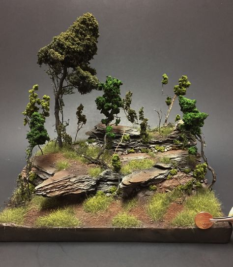 Rocky forest terrain. - Album on Imgur Dnd Display, Forest Terrain, Bonsai Forest, Rocky Terrain, Miniature Landscape, Warhammer Terrain, Game Terrain, Landscape Model, Wargaming Terrain