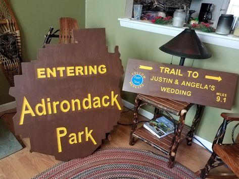 Make your wedding and Adirondack Original with a custom Retro Adk Park Sign 36x42" and Personalized Trail Sign. Inquiries at adirondackjims@gmail.com Adirondack Wedding, Adirondacks Wedding, Adirondack Park, Camping Signs, Outdoor Wedding Decorations, Lake Wedding, We Are Together, Future Bride, 30th Anniversary