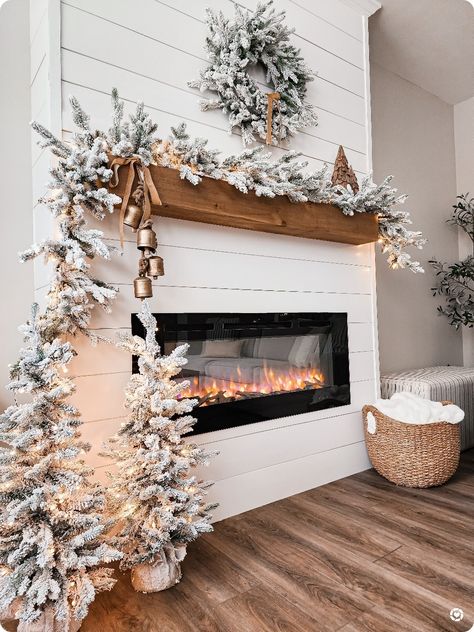 White Garland Christmas Fireplace, Flocked Tree With Garland, Flocked Garland Stairs, Flocked Christmas Garland Mantle, Floating Mantle Christmas Decor, Flocked Mantle Garland, Flocked Christmas Decor, Flocked Garland Decorating Ideas, Flocked Wreath Ideas