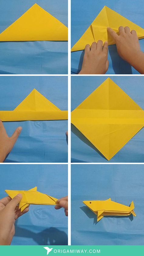 A yellow paper origami shark Origami Shark Tutorial, Shark Art And Craft, Shark Origami Easy, Shark Paper Craft, Shark Origami, Origami Workshop, Shark Diy, Paper Shark, Shark Week Crafts