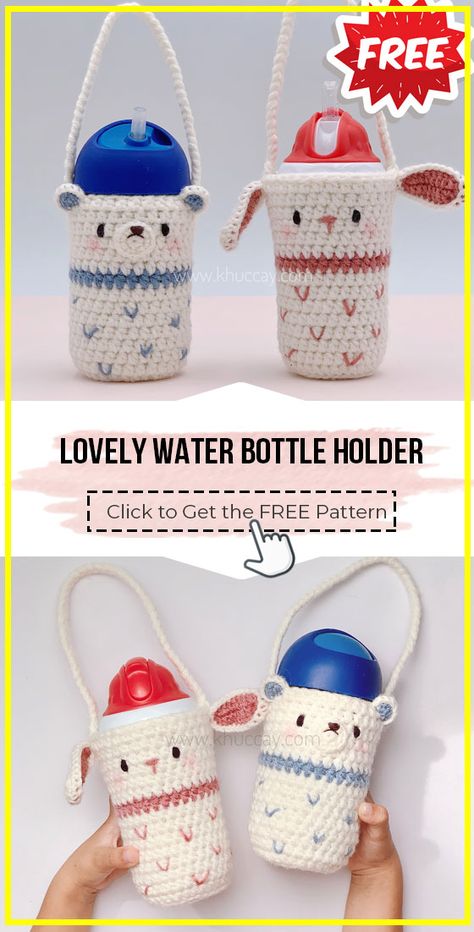 crochet Lovely Water Bottle Holder free pattern - FREE Crochet Bottle Cover Pattern for Beginners. Click to Get the Pattern #BottleCover #crochetpattern #crochet via @shareapattern.com Crochet Water Bottle Holder Aesthetic, Water Bottle Bag Crochet Pattern, Crochet Bags For Kids, Crochet Pouches, Baby Bottle Holders, Crochet Water Bottle Holder, Crochet Cup Cozy, Bottle Cozies, Cozy Crochet Patterns