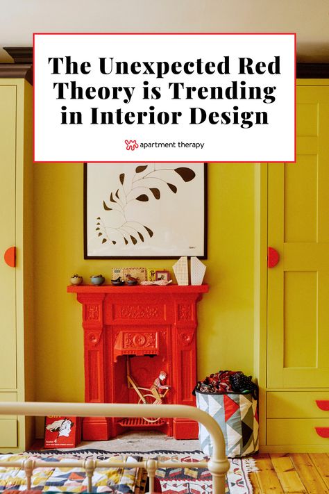 Here’s everything you need to know about the “unexpected red theory” that’s taking over TikTok and home design. Red Theory Interior Design, Pop Of Red Interior Design, Unexpected Red Theory Interior Design, Unexpected Red Theory, Red Theory, Red Interior Design, Colorful Bar Stools, Red Lamp Shade, Red Lamp