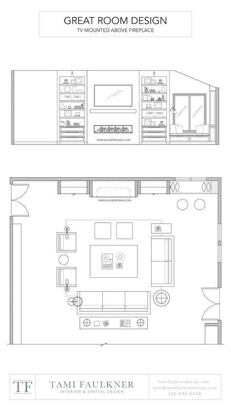 MOUNTING A TV ABOVE A FIREPLACE - YES OR NO? — Tami Faulkner Design Living Room Floor Plans With Fireplace, Living Room Plan And Elevation, Plan Section Elevation Drawings Of House, Living Room Plans Layout, Home Interior Layout Plan, Great Room Dimensions, How To Draw Room Design, Interior Design Autocad, Interior Design Drawings Floor Plans