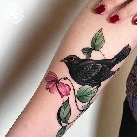 Done by Dragonhawk Machine Bird Coverup Tattoo, Blackbirds Tattoo, Nanas Tattoo, Flower Bird Tattoo, Tattoo Coverup Ideas, Vanessa Core, Blackbird Tattoo, Core Tattoo, Respect Tattoo