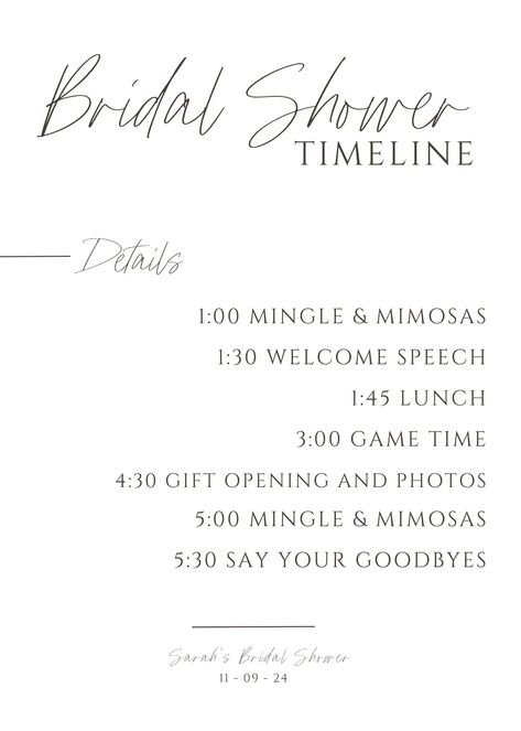 free bridal shower itinerary template Bridal Shower Agenda Template, Bridal Brunch Timeline, Bridal Shower Announcements, When To Have A Bridal Shower Timeline, Bridal Shower Order Of Events, Bridal Shower Itenary, Bridal Shower Timeline Day Of, Planning A Bridal Shower Checklist, Bridal Shower Program Ideas