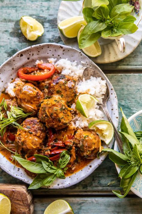 Simple Thai Chicken Zucchini Meatball Curry. - Half Baked Harvest Half Baked Harvest Chicken, Thai Chicken Meatballs, Meatball Curry, Zucchini Meatballs, Curry Meatballs, Half Baked Harvest Recipes, Chicken Zucchini, Roasted Chicken Breast, Harvest Recipes