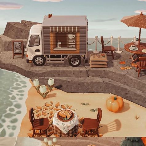 Lauren ♡ on Instagram: "🍂A little coffee truck on the rocks🍂  Preset is Yavan by @acnh.balar  check out my amazing partners! @acorn.oats @woodsy.crossing @bunbee.gaming @cosy.chey @swagfroggychairs @acnh.hakuisland @marigoldsmemories @bugscozy  🔑 - animal crossing new horizons nintendo switch autumn cozy gamer acnh inspo island design   🏷#animalcrossing #animalcrossingnewhorizons #animalcrossinginspo #acnh" Acnh Fall Picnic Blanket, Acnh Campsite Design Codes, Acnh Brewster Rewards, Campsite Inspo Acnh, Animal Crossing Downstairs Ideas, Animal Crossing Autumn Island Ideas, Acnh Cosy Island, Acnh Rocks Ideas, Acnh Island Designs Autumn