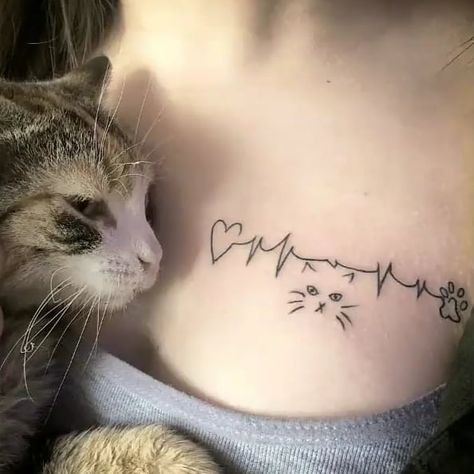 Minimalist Cat Tattoo, Collar Bone Tattoo, Chest Tattoo, Mini Tattoos, Cat Tattoo, Neck Tattoo, Unique Tattoos, Flower Tattoos, Cute Tattoos