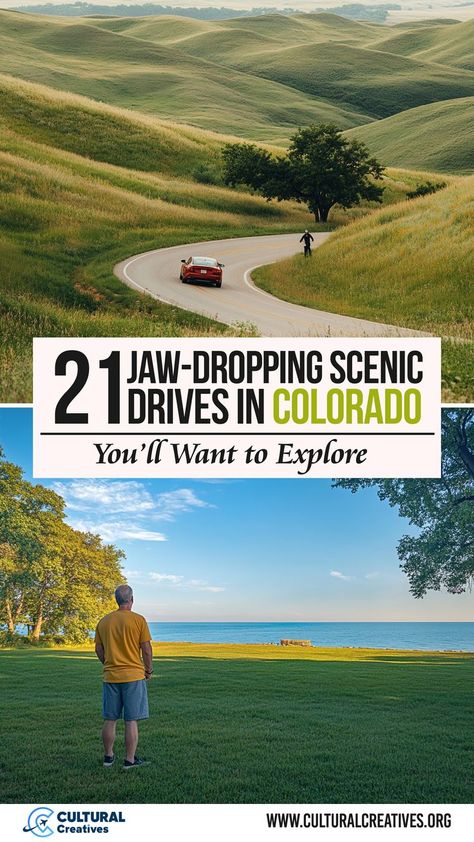 A scenic image featuring rolling green hills with a winding road and a person admiring a lakeside view, illustrating 21 Jaw-Dropping Scenic Drives in Colorado You’ll Want to Explore. Ridgeway State Park Colorado, Colorado Roadtrip, Colorado Road Trip, Road Trip To Colorado, Road Trip Places, The Rockies, The Rocky Mountains, Scenic Byway, Pikes Peak