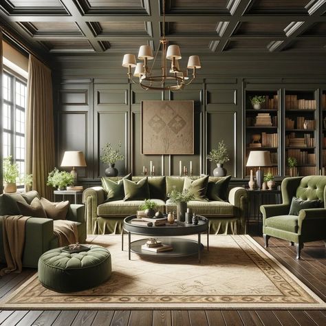 olive green furniture with dark wood floors Green Walls Brown Furniture, Olive Green Study Room, Furniture With Dark Wood Floors, Olive Green Furniture, Sage Green Furniture, Navy Blue Furniture, Green Library, Turquoise Furniture, Dark Wooden Floor