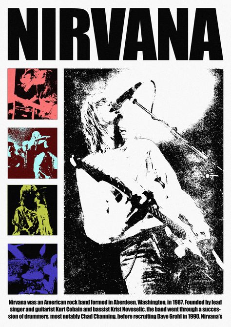 nirvana Band Poster Reference, 90s Grunge Band Posters, Poster Ideas For Your Room, Posters Of Bands, 90s Bands Posters, Aesthetic Posters For Bedroom Vintage, Rock Band Concert Poster, Vintage Nirvana Poster, Iconic Music Posters