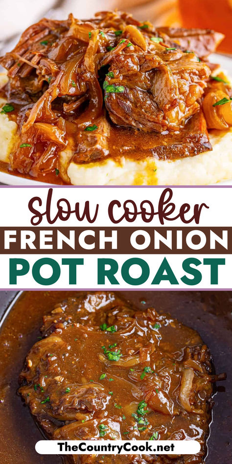 This Slow Cooker French Onion Pot Roast is easy to make and so flavorful. It just falls apart and melts in your mouth! What's not to love? Crock Pot Roast Recipes Crockpot, Easy Crockpot Recipes Pot Roast, The Best Mississippi Pot Roast Crockpot, Tennessee Pot Roast Crockpot, Dinner Ideas With Beef Roast, Crockpot French Onion Pot Roast, Slow Cook Roast Crock Pots, Check Roast Crockpot, Pot Roast With Cabbage