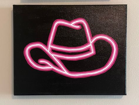 A painting of a cowboy hat neon sign Neon Cowboy Hat Sign, Simple Cowboy Paintings, Nashville Painting Ideas, Cute Painted Canvas Ideas, Neon Easy Painting, Painting That Looks Like Neon Sign, Painting Ideas Neon Sign, Things To Paint Characters, Small Paints Easy