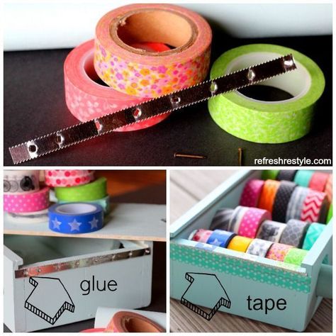 Upcycling, Organisation, Cartonnage, Tape Dispenser Diy, Diy Washi Tape Dispenser, Diy Box Organizer, Washi Tape Organizer, Washi Storage, Washi Tape Dispenser