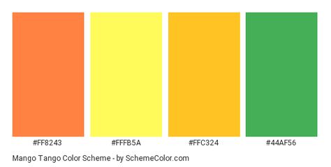 Download Mango Tango color scheme consisting of #FF8243, #FFFB5A, #FFC324 and #44AF56. This 4 colors palette has been categorised in Green, Orange and Yellow color categories. Mango Color Palette, Color Categories, Mango Tango, Color Palette Yellow, Pastel Colour Palette, Colors Palette, Orange And Yellow, Green Orange, Yellow Color